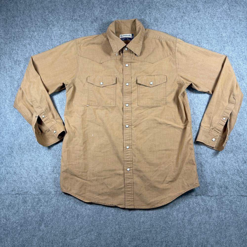Magellan Outdoors Mens Flex Western Pearl Snap Shirt Small Tan Cotton Stretch